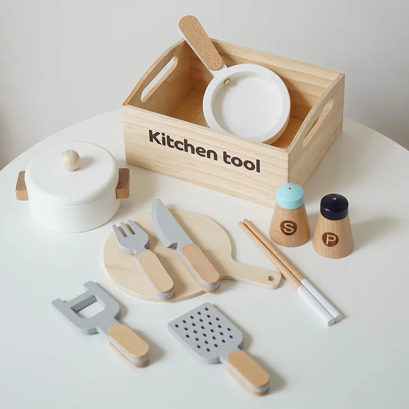 Conjunto de Alimentos e Utensílios em Madeira para Brincar