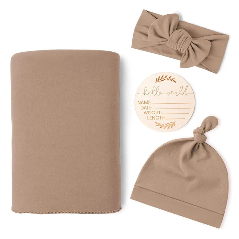 Conjunto recém-nascido (Swaddle c/ gorro ou fita e milestone)