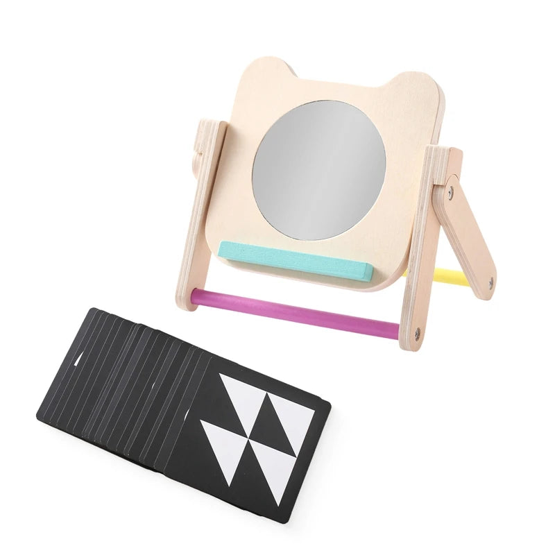 Wooden mirror with visual contrast cards