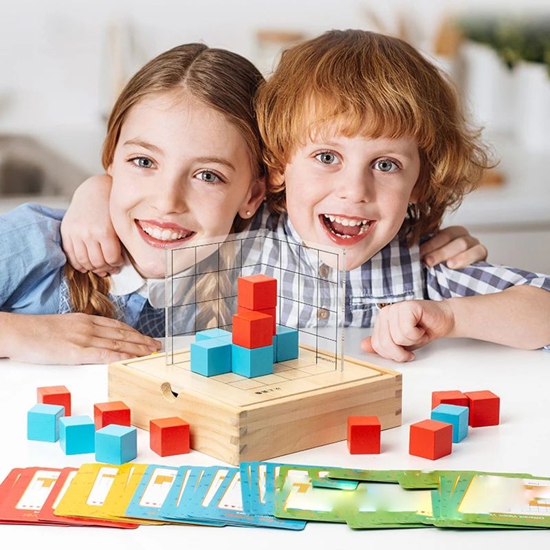 Jogo Educativo de Cubos com Cartas e Grelha 3D, Pensamento Lógico