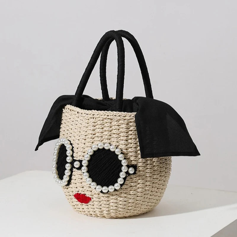 Bolsa de palha com rosto e óculos – estilo balde com detalhe em pérolas