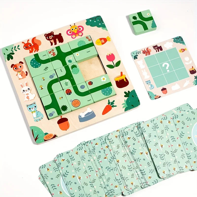 Jogo de Planeamento de Caminho em Madeira com Cartas, Animais da Floresta
