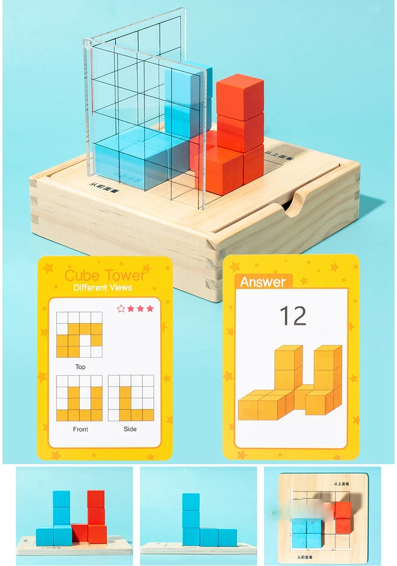 Jogo Educativo de Cubos com Cartas e Grelha 3D, Pensamento Lógico