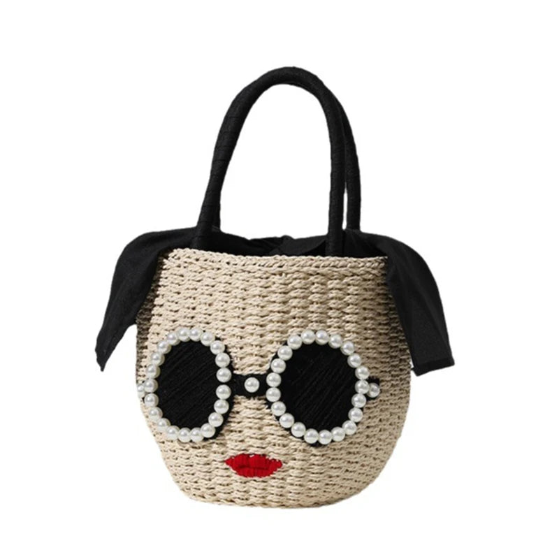 Bolsa de palha com rosto e óculos – estilo balde com detalhe em pérolas