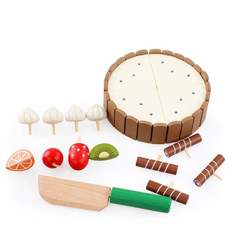 Wooden Birthday Cake – Brinquedo de cortar com frutas e decoração