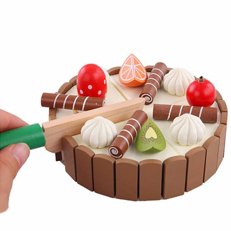 Wooden Birthday Cake – Brinquedo de cortar com frutas e decoração