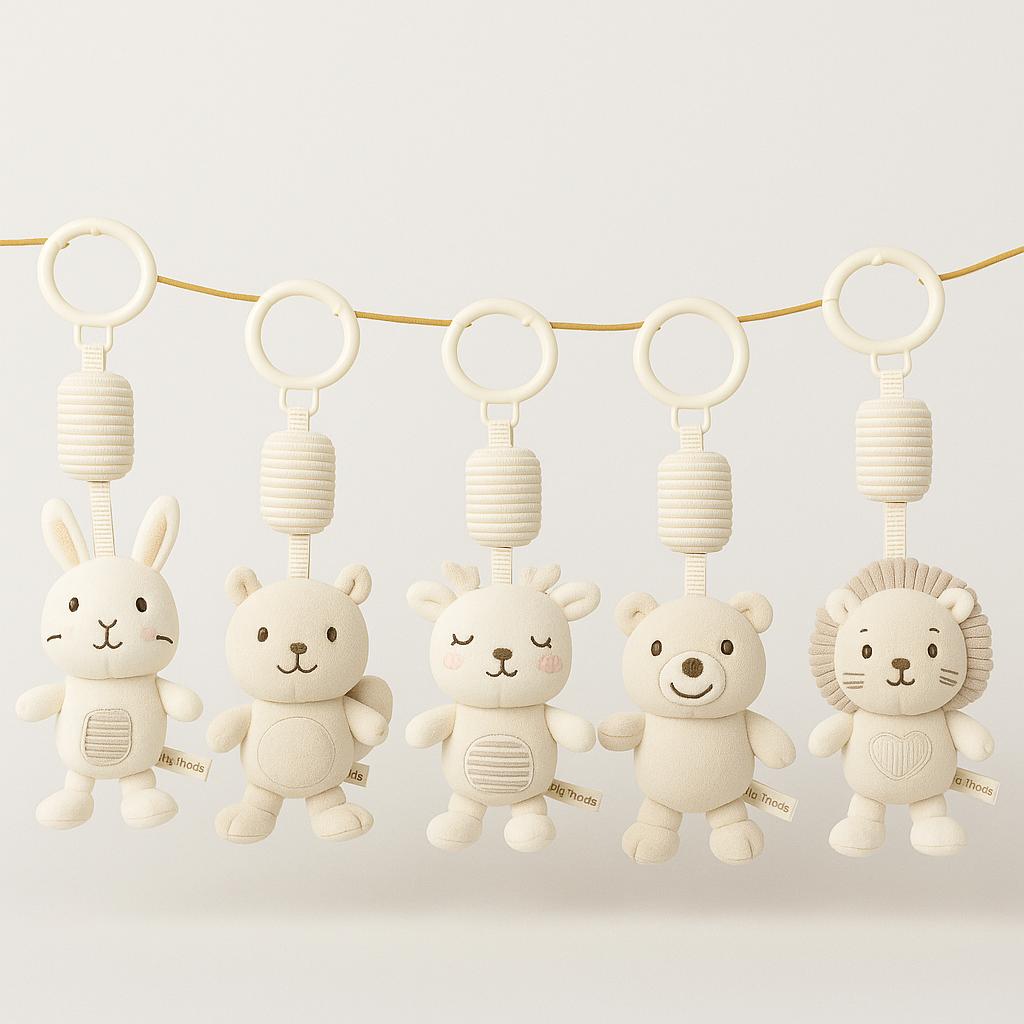 Brinquedos penduráveis sensoriais – animais em peluche com chocalho para carrinho ou berço