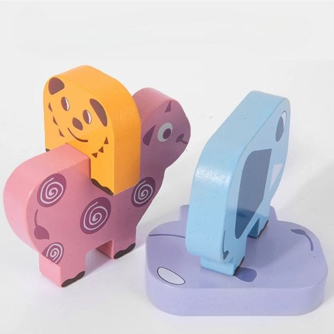 Blocos empilháveis de madeira – jogo de equilíbrio com animais Montessori