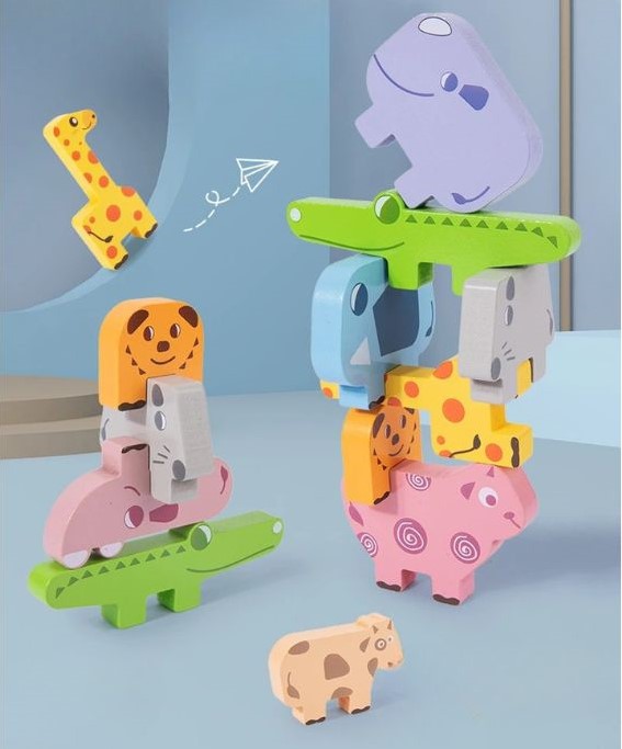 Blocos empilháveis de madeira – jogo de equilíbrio com animais Montessori