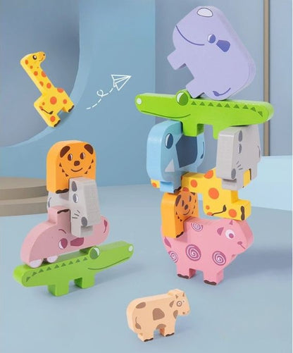 Blocos empilháveis de madeira – jogo de equilíbrio com animais Montessori