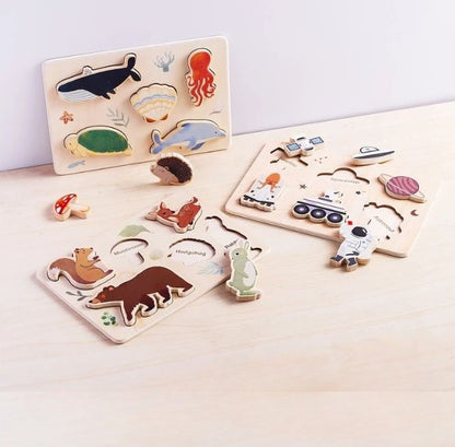 Quebra-cabeças em madeira – animais e espaço | brinquedo educativo Montessori