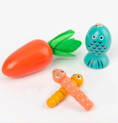Jogo 2 em 1 cenouras & minhocas magnéticas – brinquedo Montessori em madeira