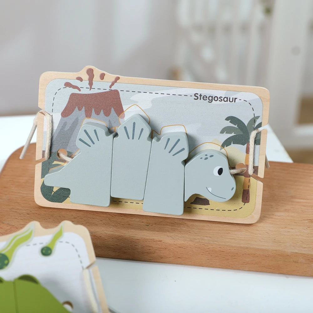Puzzle de dinossauro em madeira – blocos 3D para encaixar e empilhar