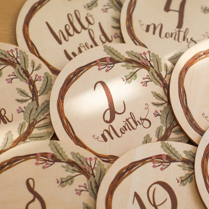 Conjunto de placas mensais de madeira - Flower Vine
