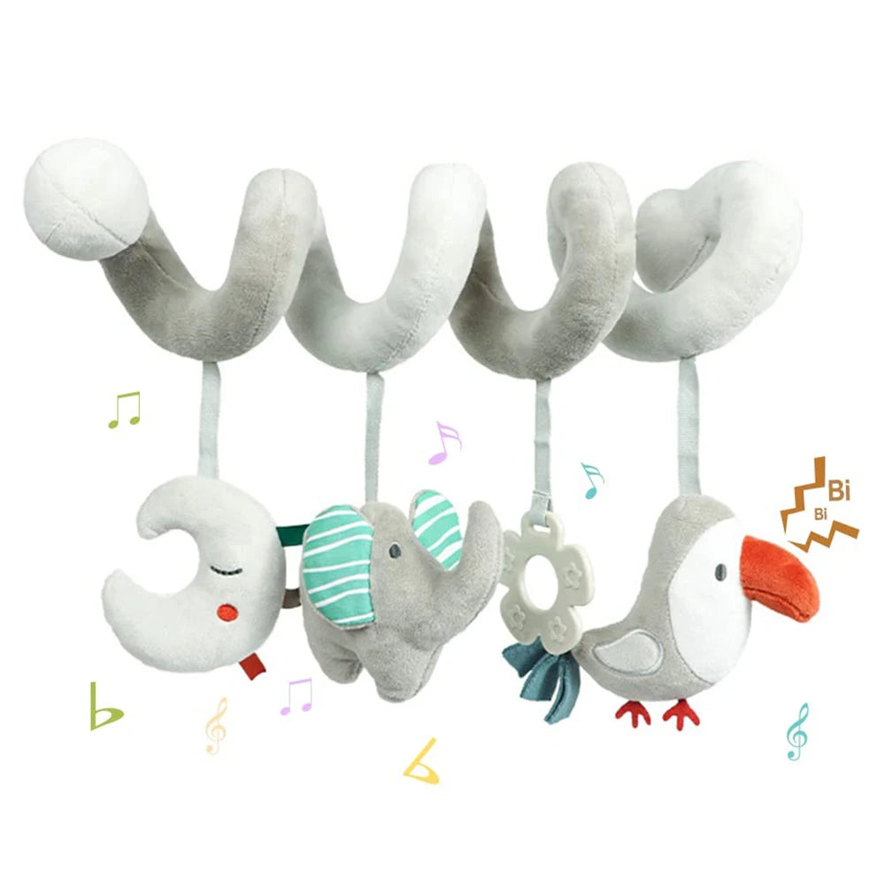 Brinquedo espiral em peluche para carrinho e assento de carro – estimulação sensorial para bebés
