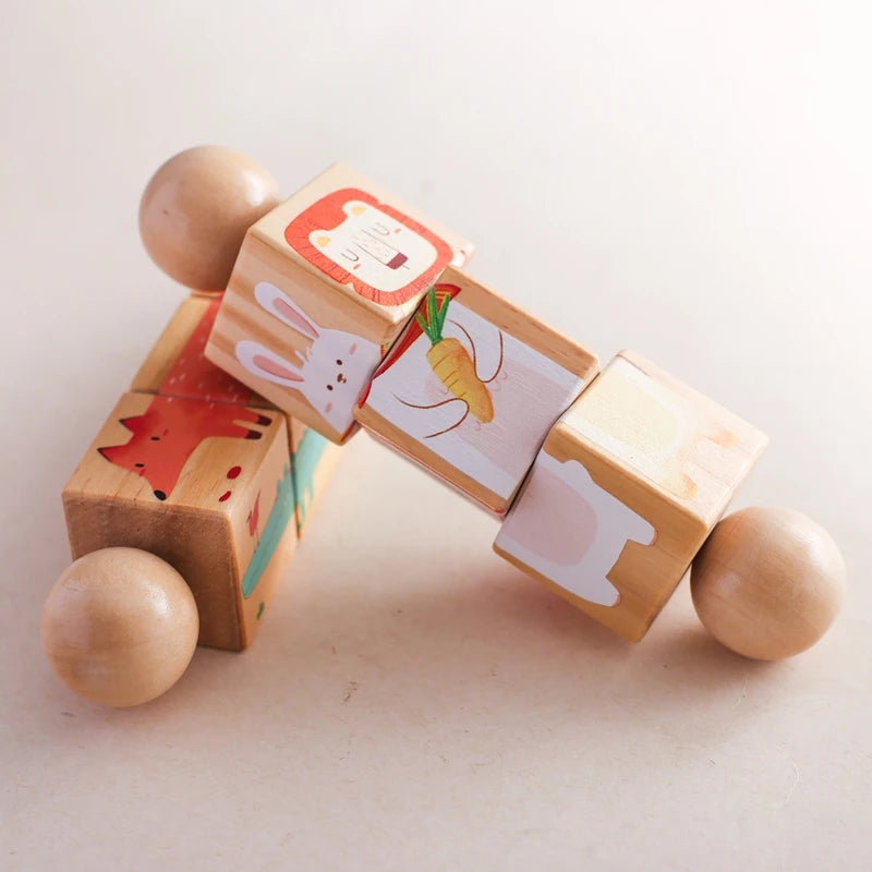 Chocalho rotativo em madeira – quebra-cabeça Montessori com animais