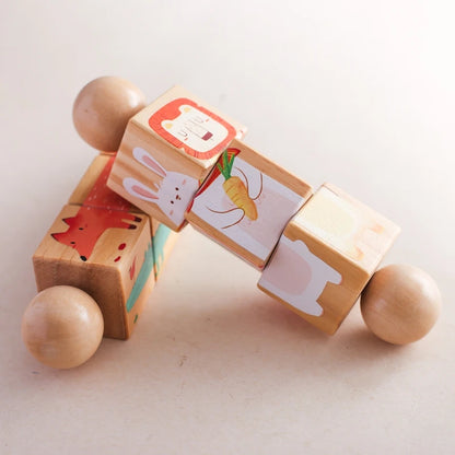 Chocalho rotativo em madeira – quebra-cabeça Montessori com animais