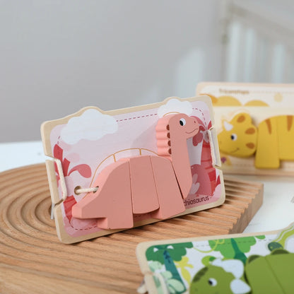 Puzzle de dinossauro em madeira – blocos 3D para encaixar e empilhar