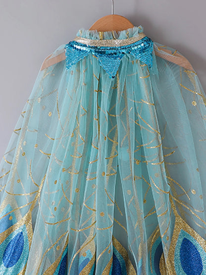 Capa de princesa pavão brilhante – fantasia luxuosa para meninas