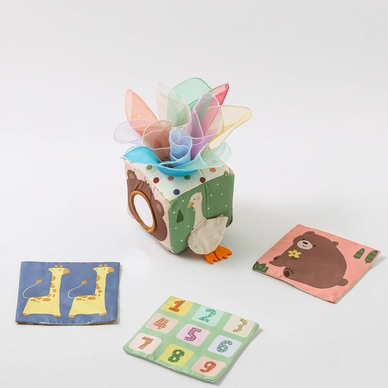 Caixa de tecidos mágica – brinquedo sensorial Montessori com animais e lenços coloridos