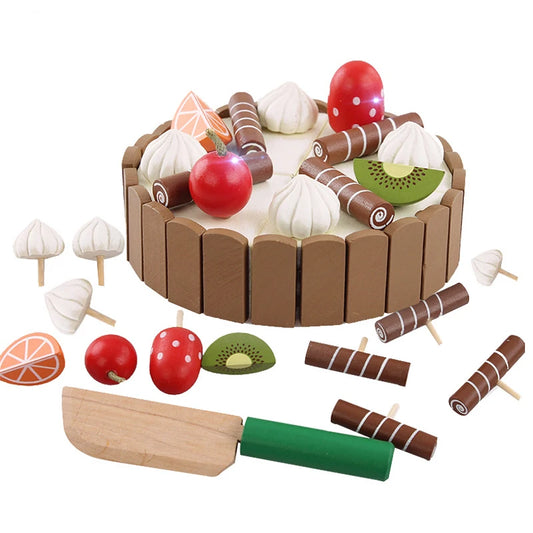 Wooden Birthday Cake – Brinquedo de cortar com frutas e decoração