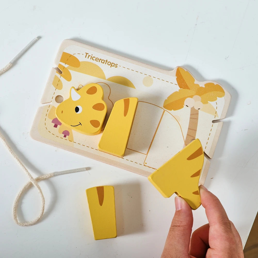 Puzzle de dinossauro em madeira – blocos 3D para encaixar e empilhar