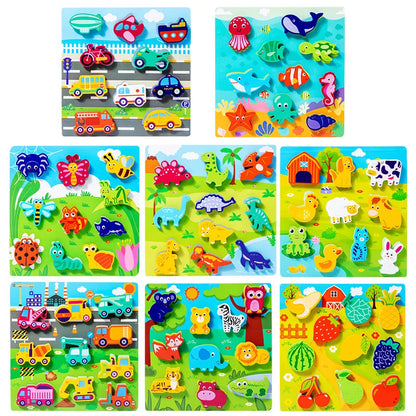 Quebra-cabeças 3D em madeira com velcro – Animais, frutas, meios de transporte e muito mais!