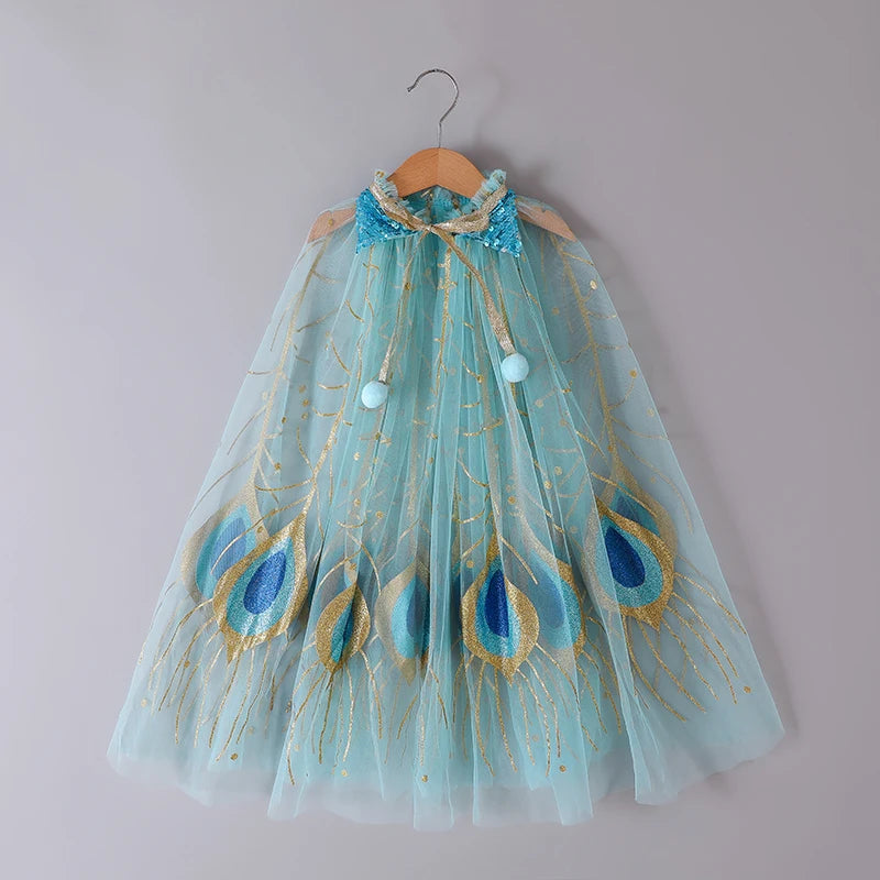 Capa de princesa pavão brilhante – fantasia luxuosa para meninas