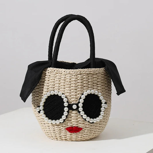 Bolsa de palha com rosto e óculos – estilo balde com detalhe em pérolas