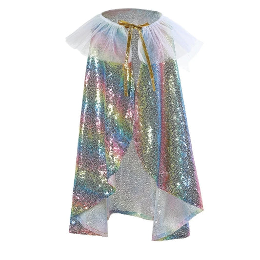 Capa mágica com lantejoulas arco-íris e gola em tule – fantasia brilhante para meninas