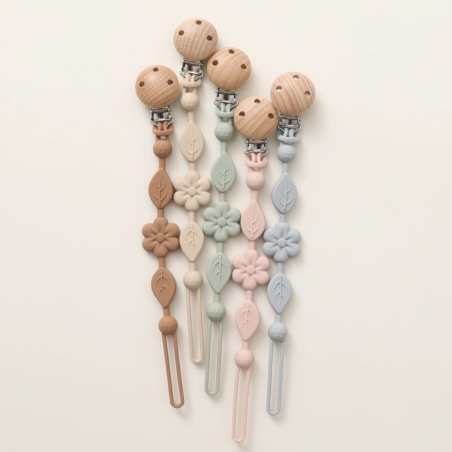 Clip de chupeta em silicone – modelo floral com clip de madeira