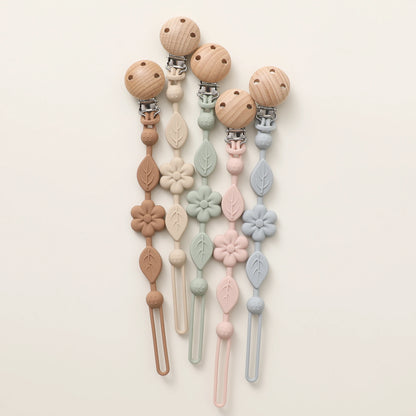 Clip de chupeta em silicone – modelo floral com clip de madeira