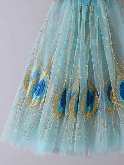 Capa de princesa pavão brilhante – fantasia luxuosa para meninas