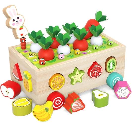 Caixa de colheita e encaixe de frutas - Jogo Montessori 2 em 1