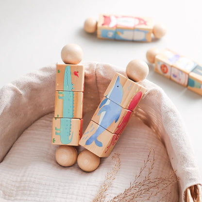 Chocalho rotativo em madeira – quebra-cabeça Montessori com animais