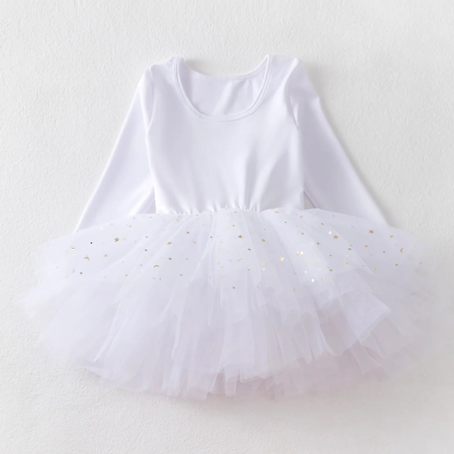 Vestido tutu com tule em camadas e lantejoulas – princesa bailarina de manga comprida