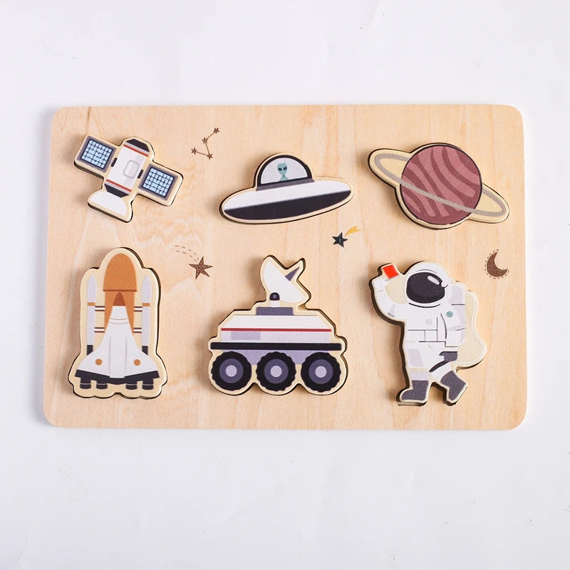 Quebra-cabeças em madeira – animais e espaço | brinquedo educativo Montessori