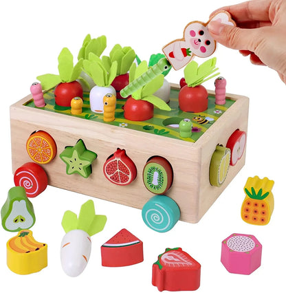 Caixa de colheita e encaixe de frutas - Jogo Montessori 2 em 1