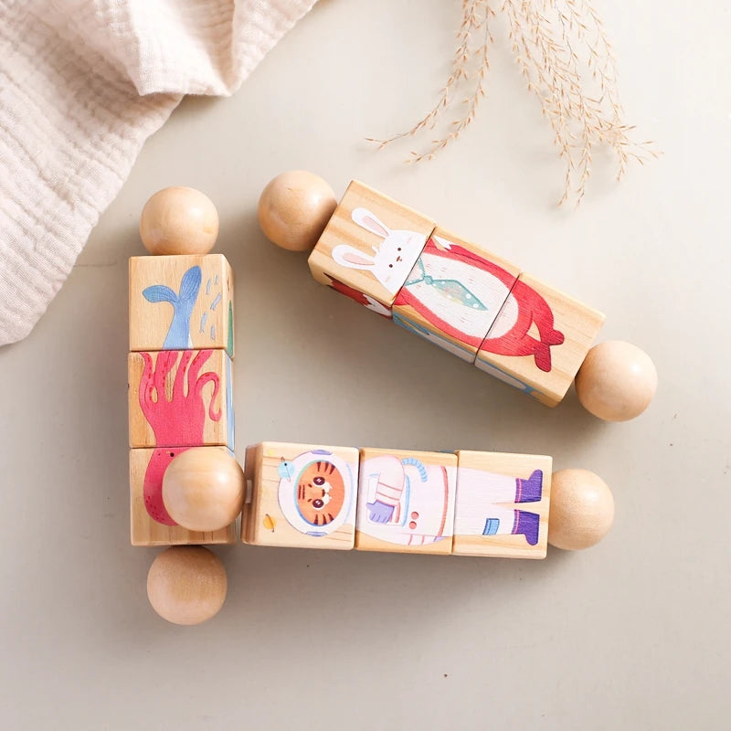 Chocalho rotativo em madeira – quebra-cabeça Montessori com animais