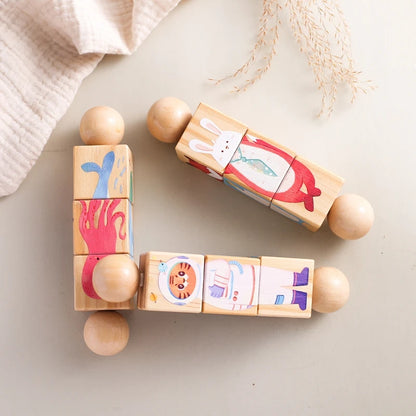 Chocalho rotativo em madeira – quebra-cabeça Montessori com animais