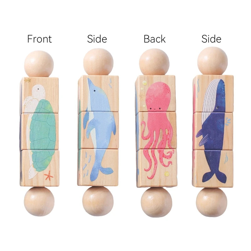 Chocalho rotativo em madeira – quebra-cabeça Montessori com animais