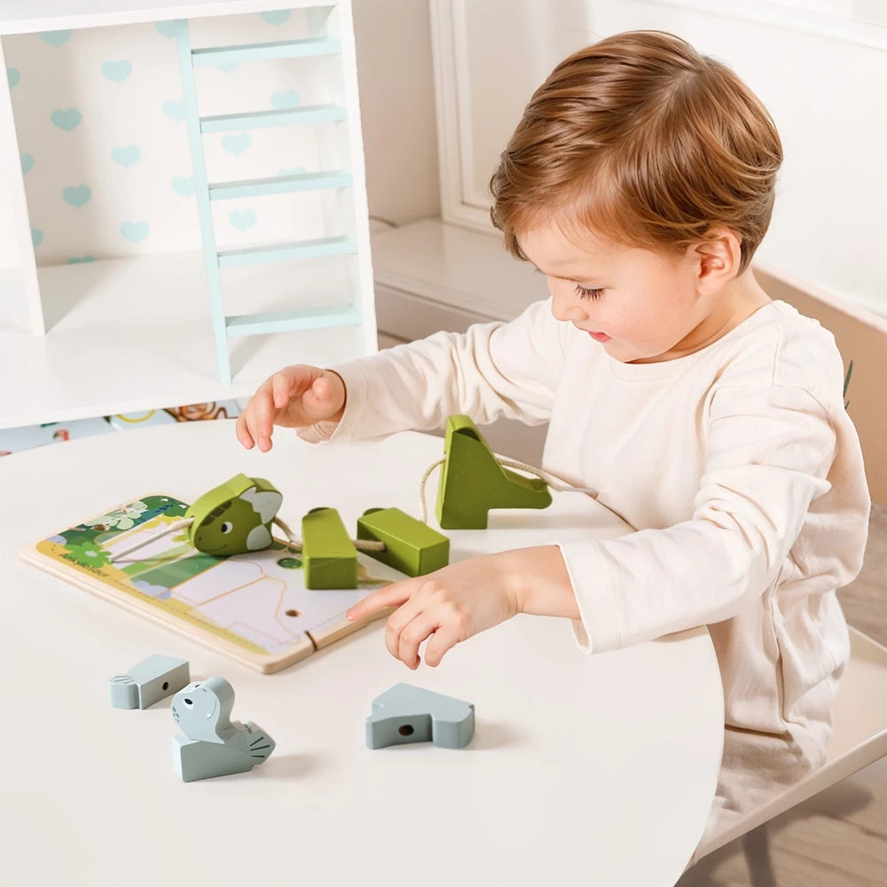 Puzzle de dinossauro em madeira – blocos 3D para encaixar e empilhar