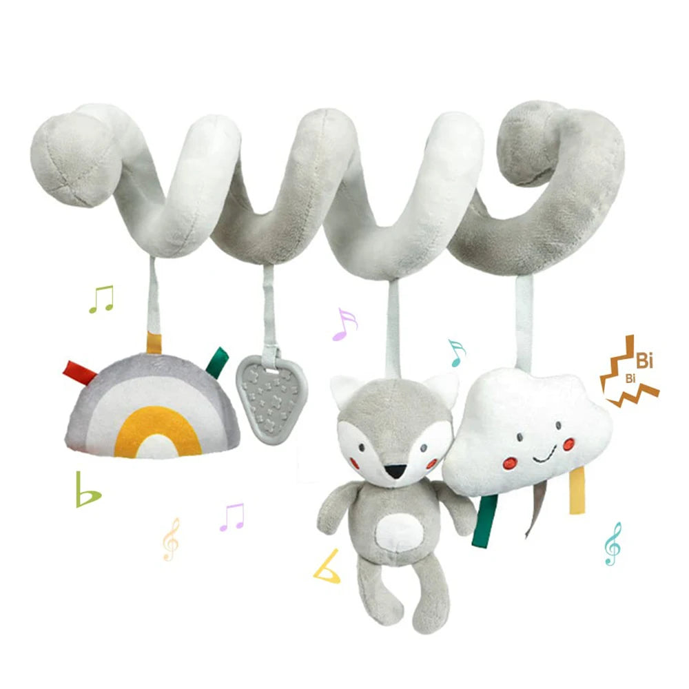 Brinquedo espiral em peluche para carrinho e assento de carro – estimulação sensorial para bebés