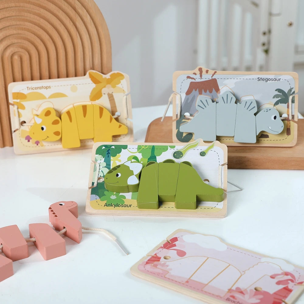 Puzzle de dinossauro em madeira – blocos 3D para encaixar e empilhar