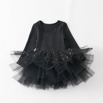 Vestido tutu com tule em camadas e lantejoulas – princesa bailarina de manga comprida