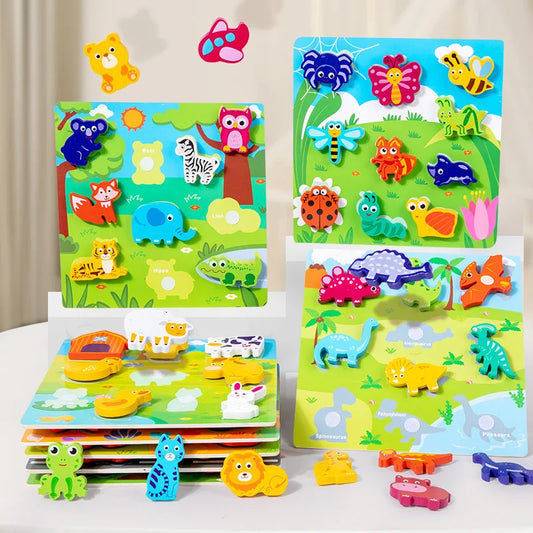 Quebra-cabeças 3D em madeira com velcro – Animais, frutas, meios de transporte e muito mais!