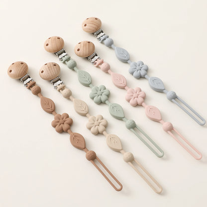 Clip de chupeta em silicone – modelo floral com clip de madeira
