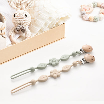 Clip de chupeta em silicone – modelo floral com clip de madeira